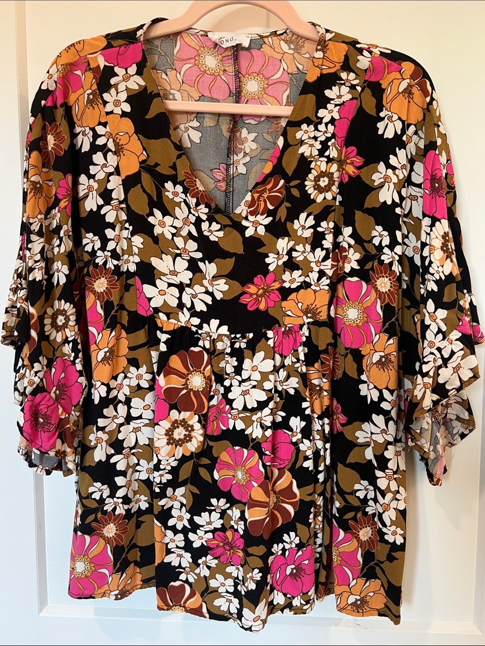 Emily Wonder Large Floral V-Neck Peasant Top - Black with Pink & Mustard Floral